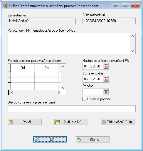 Hlášení zaměstnavatele o ukončení PN