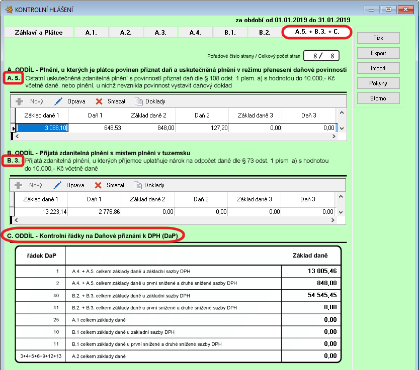 Kontrolní hlášení - záložka A.5. + B.3. + C