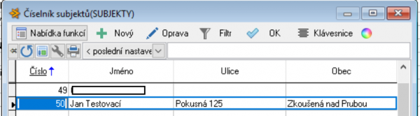 Číselník subjektů